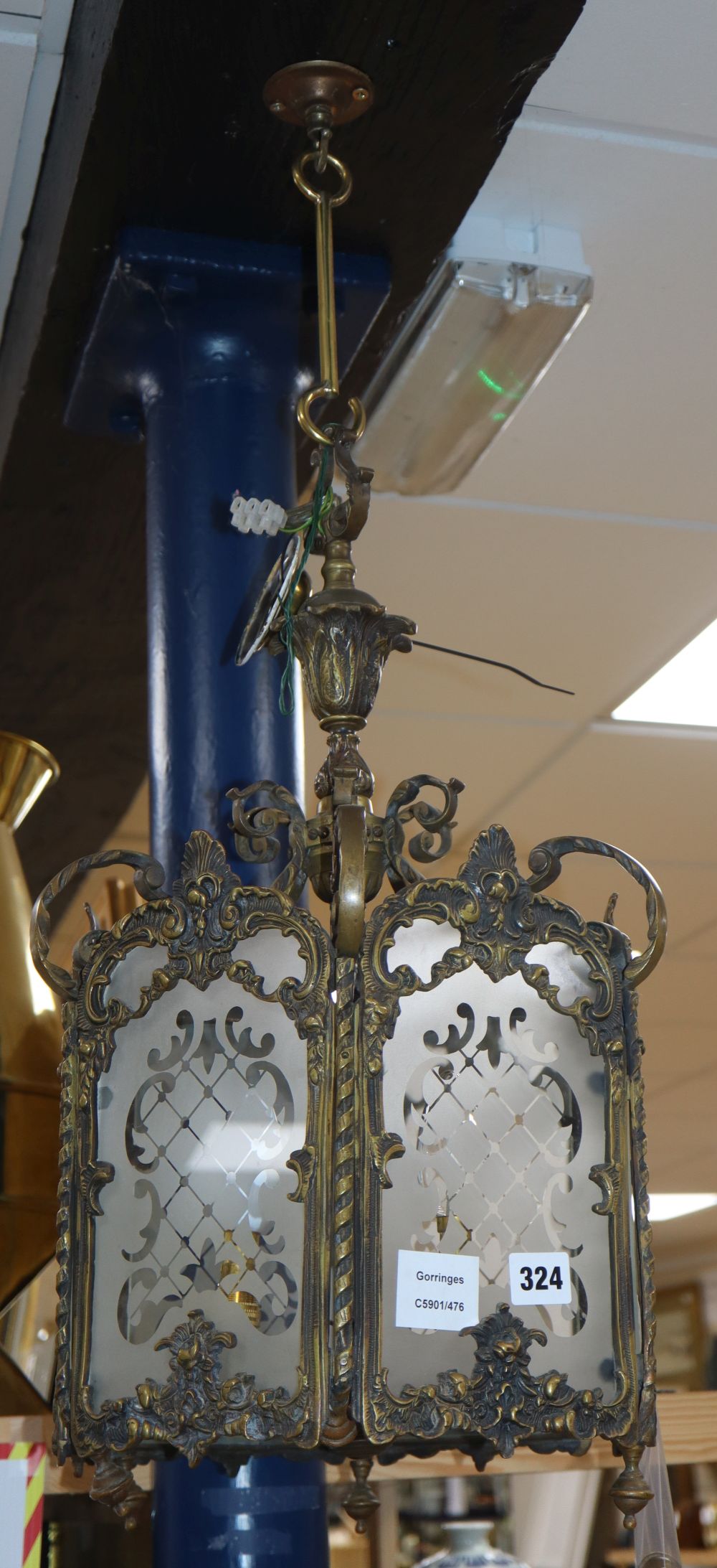 An early 20th century hexagonal hall lantern, drop 60cm